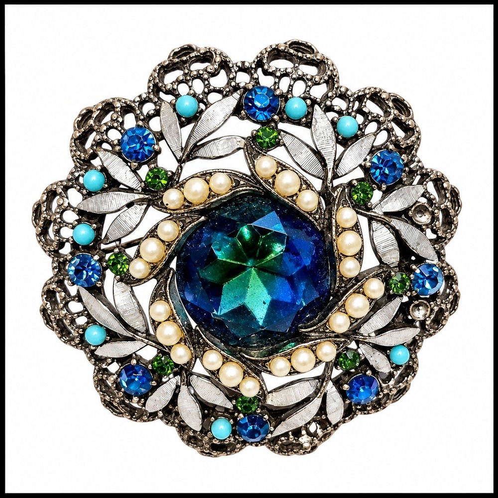 Florenza Vintage Brooch Blue Green Crystal Pearl Floral Statement Pin Domed